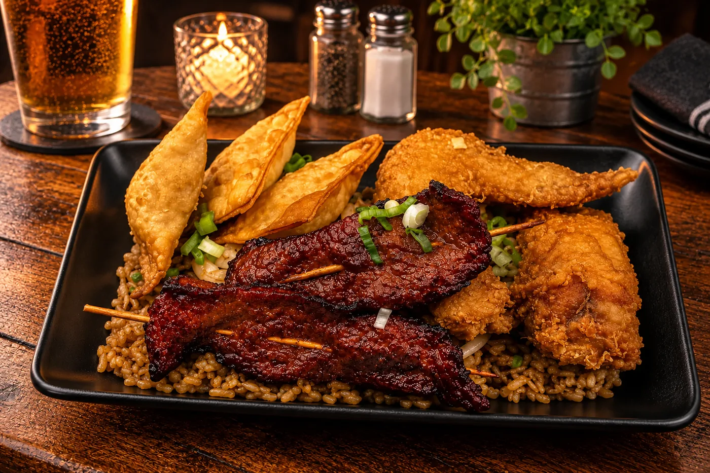 Beef Teriyaki, Crab Rangoon & Chicken Wing